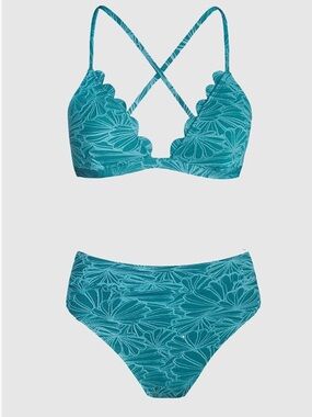 Cupshe Women M Teal Floral Bikini Swimsuit Set High-Waisted Criss-Cross Top New